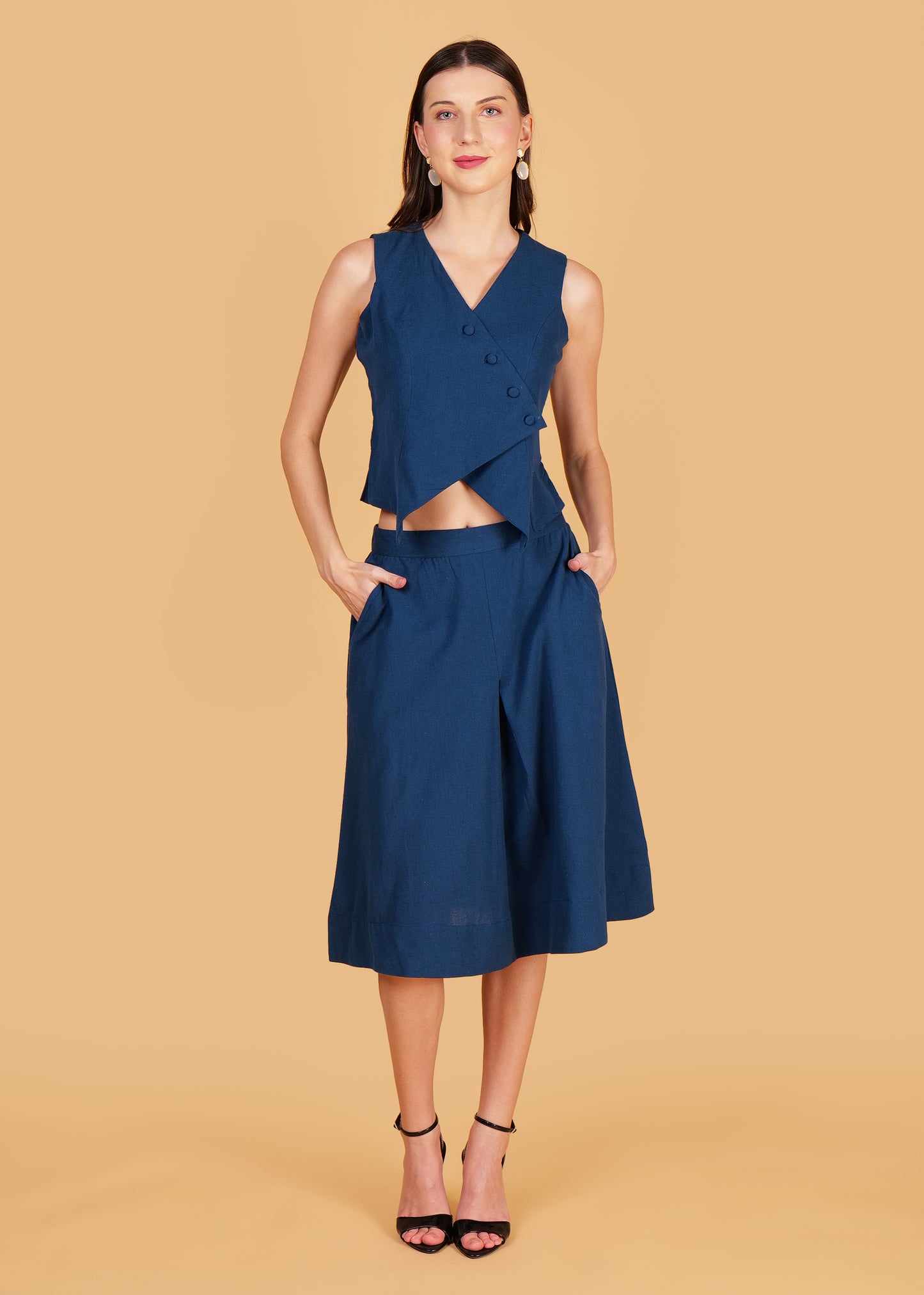 Blue Cotton Front Overlap Waist Coat & Skirt Coord Set