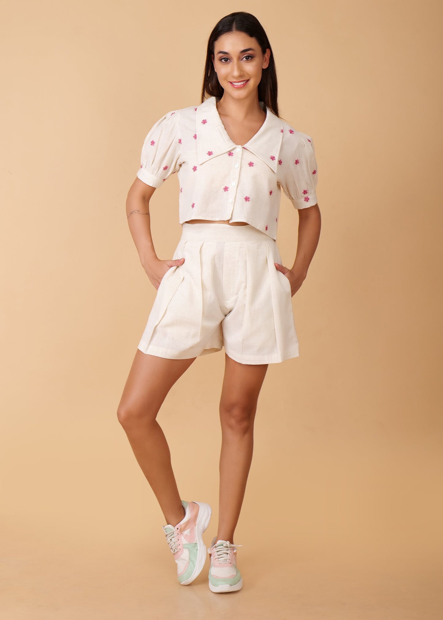 Off White Premium Embroidered Long Collar Coord Set