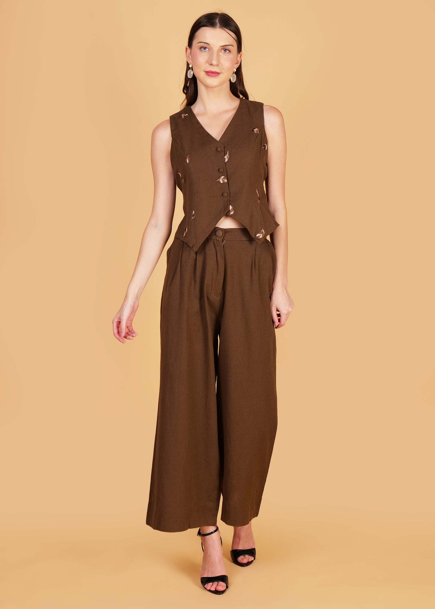 Brown Embroidered Cotton Waist Coat Coord Set