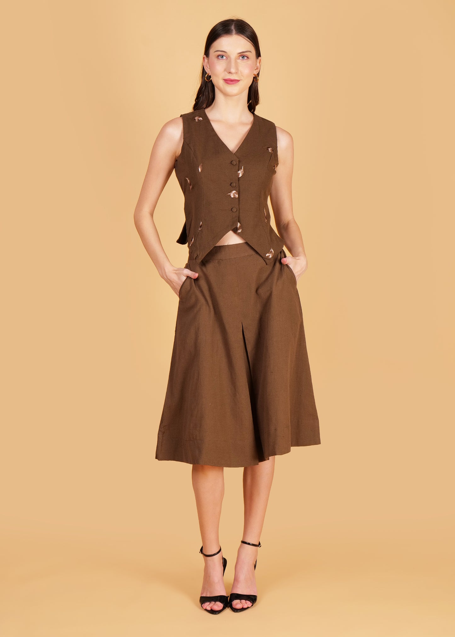 Brown Cotton Embroidered Waist Coat & Skirt Coord Set