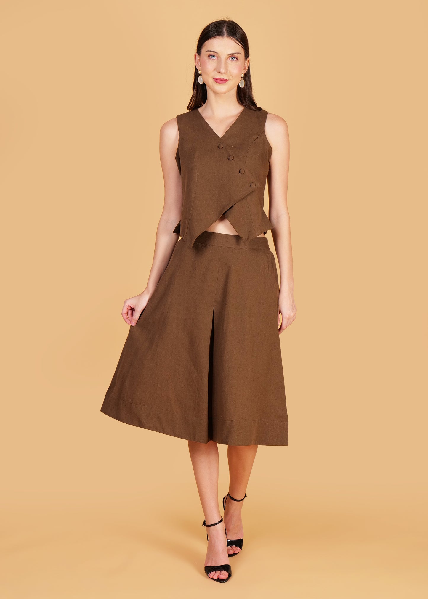 Brown Cotton Front Overlap Waist Coat & Skirt Coord Set