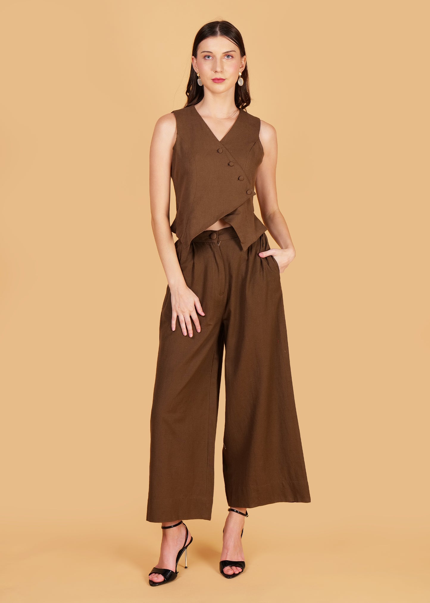 Brown Cotton Front Overlap Waist Coat & Pant Coord Set