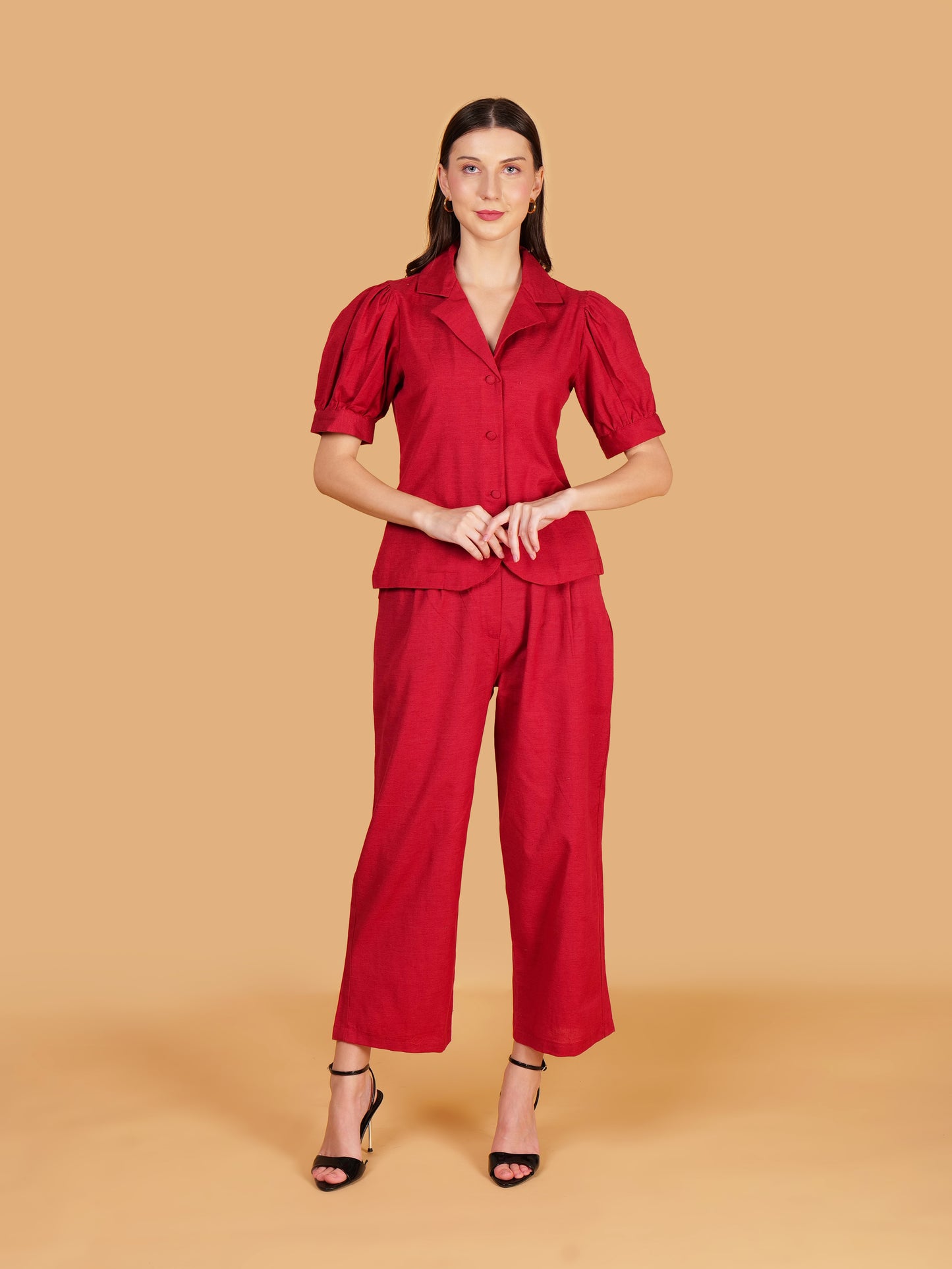 Crimson Red Pure Cotton Office Coord Set