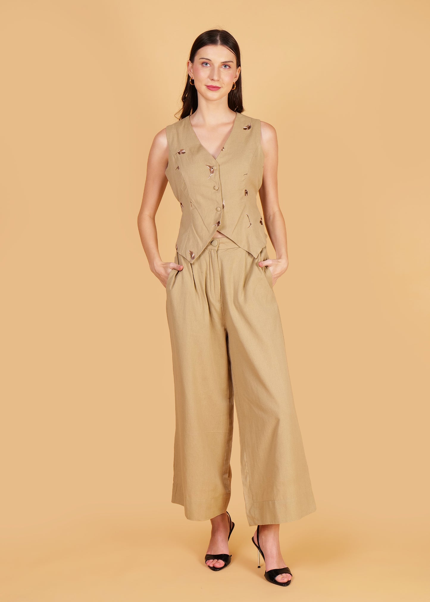 Beige Embroidered Cotton Waist Coat Coord Set