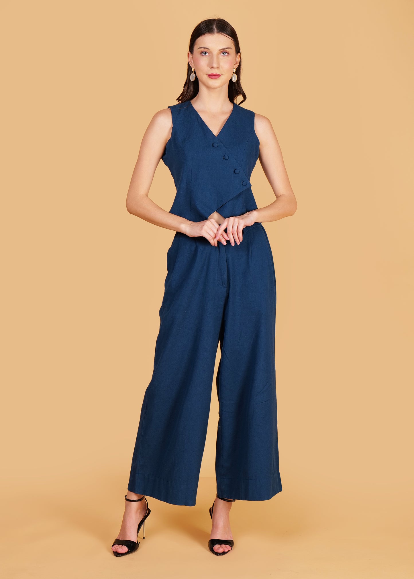 Blue Cotton Front Overlap Waist Coat & Pant Coord Set