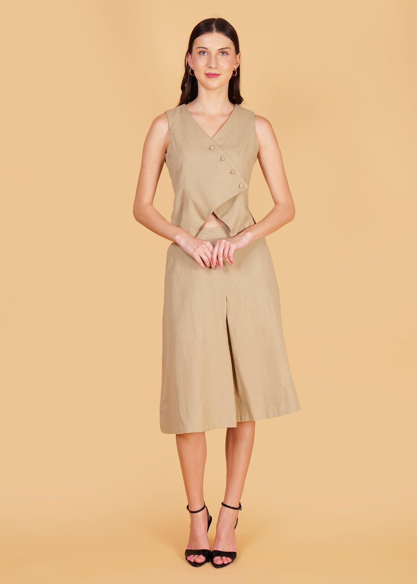 Beige Cotton Front Overlap Waist Coat & Skirt Coord Set