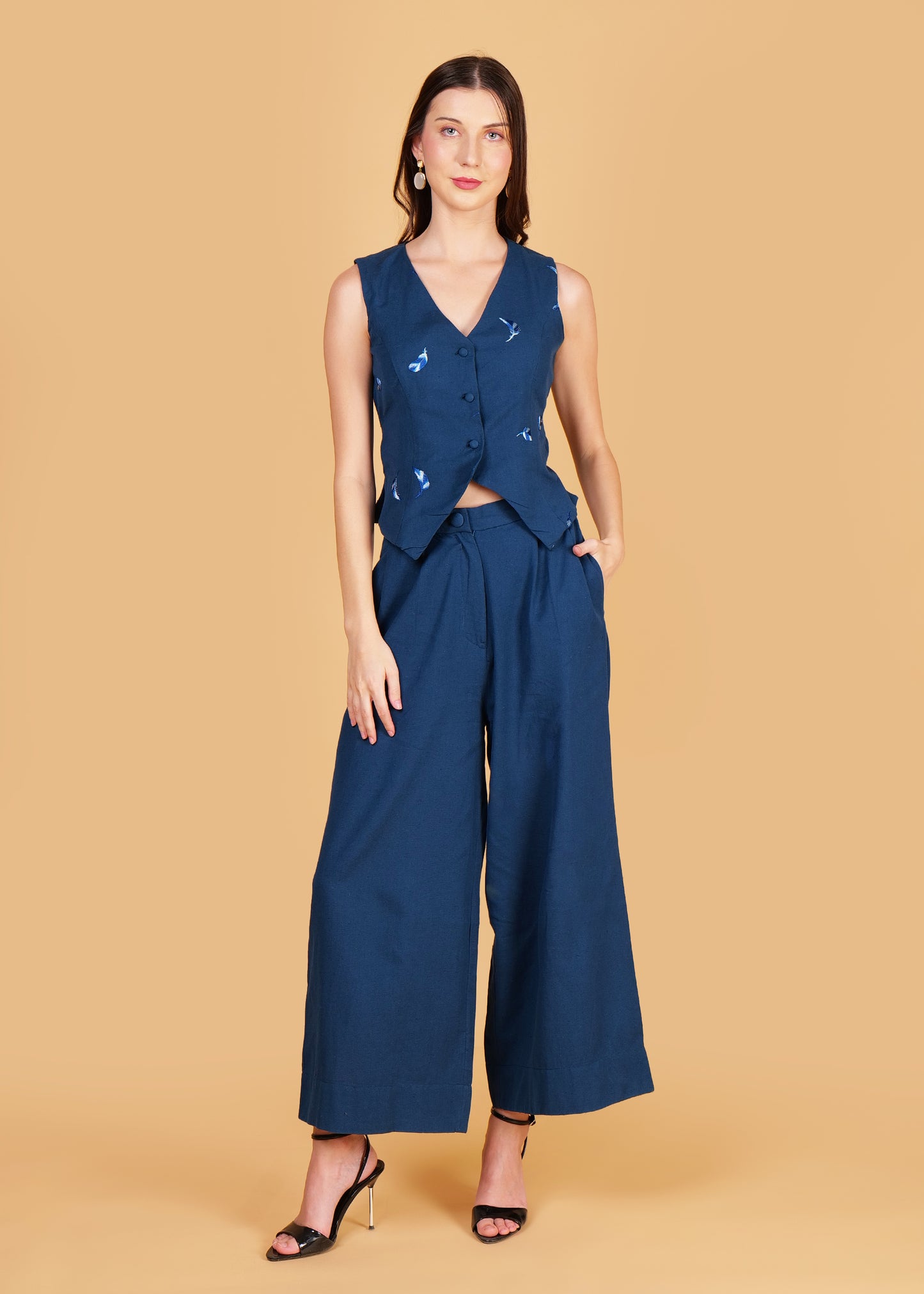 Blue Embroidered Cotton Waist Coat Coord Set