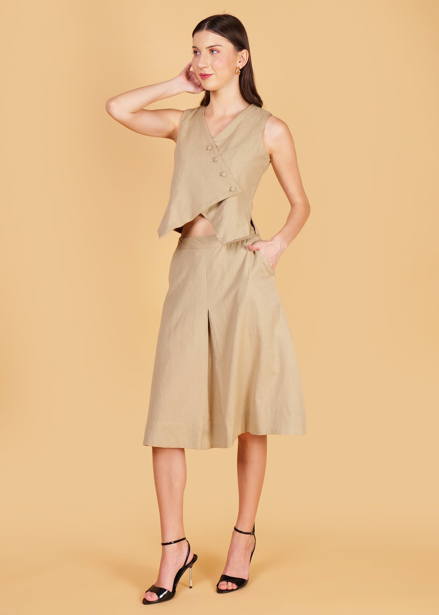 Beige Cotton Front Overlap Waist Coat & Skirt Coord Set