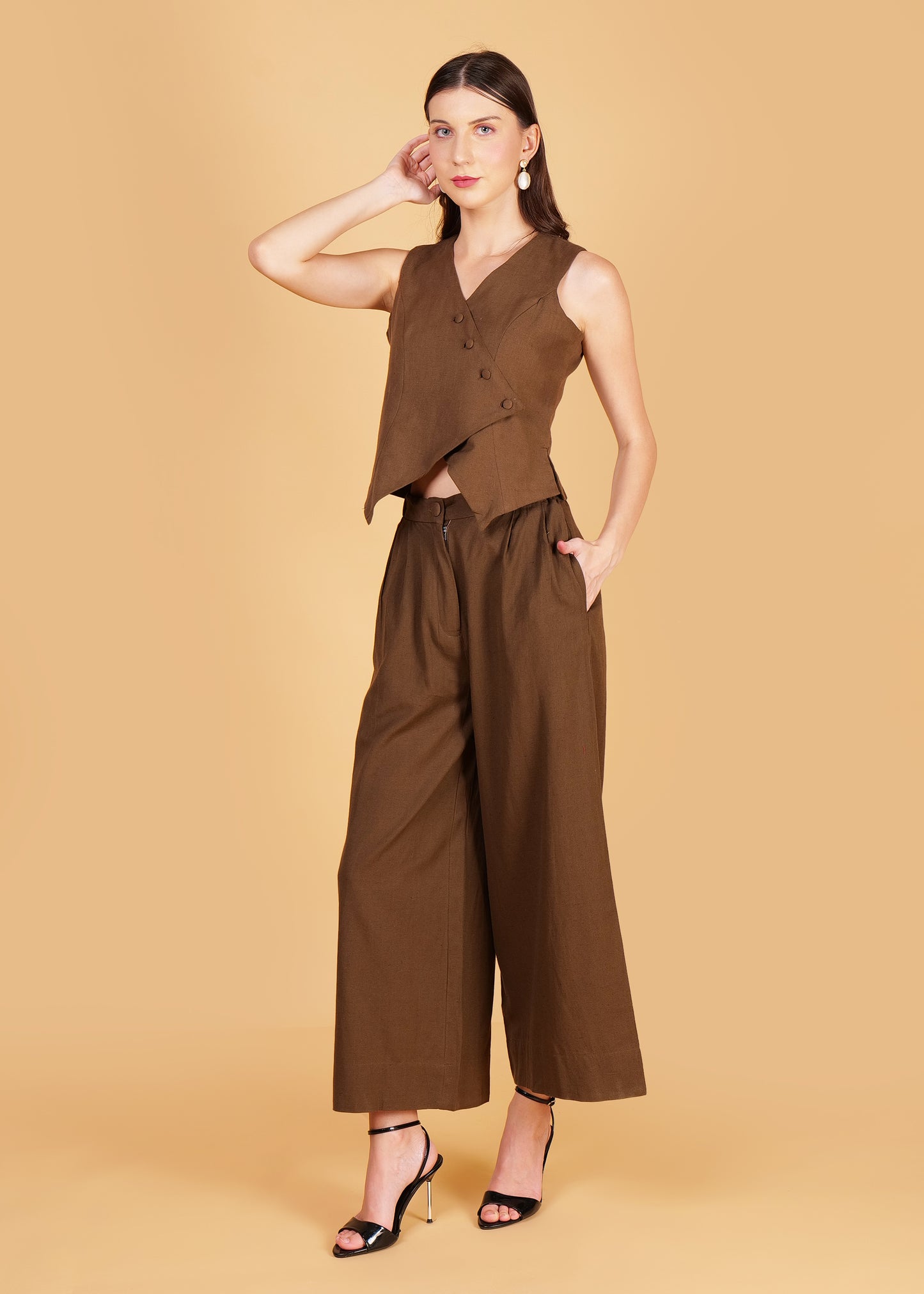 Brown Cotton Front Overlap Waist Coat & Pant Coord Set