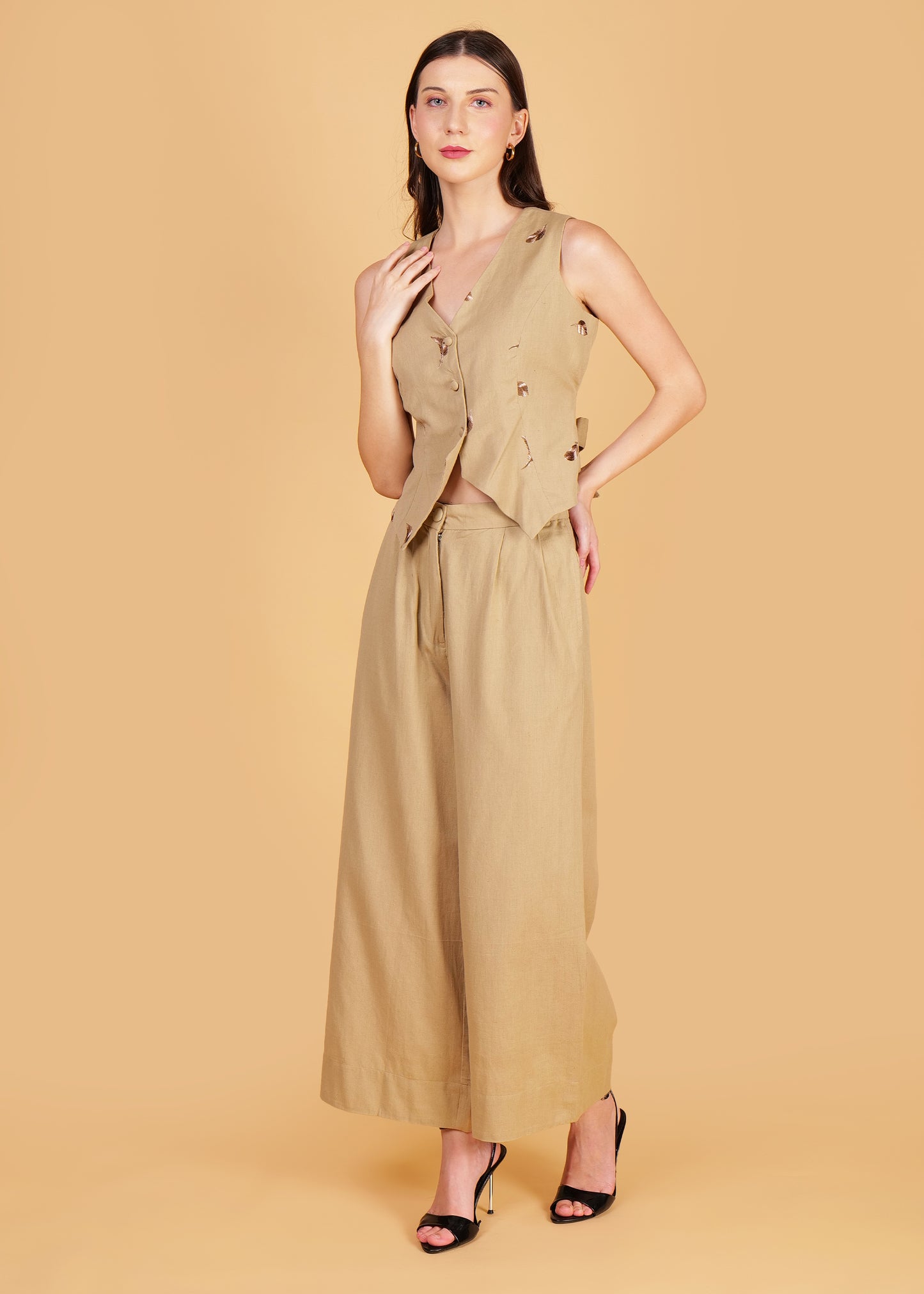 Beige Embroidered Cotton Waist Coat Coord Set