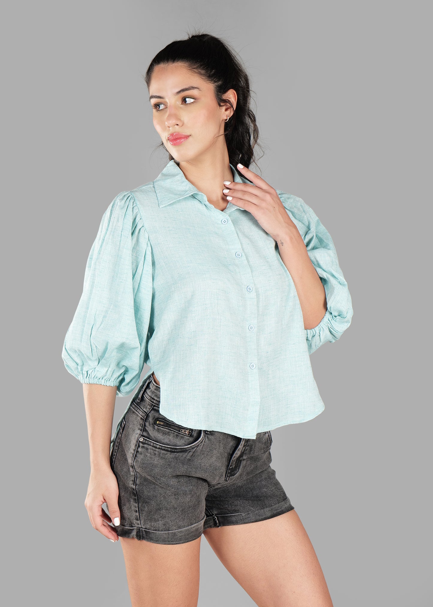 Light Sky Blue Cotton Dobby Print Soft Curve Shirt