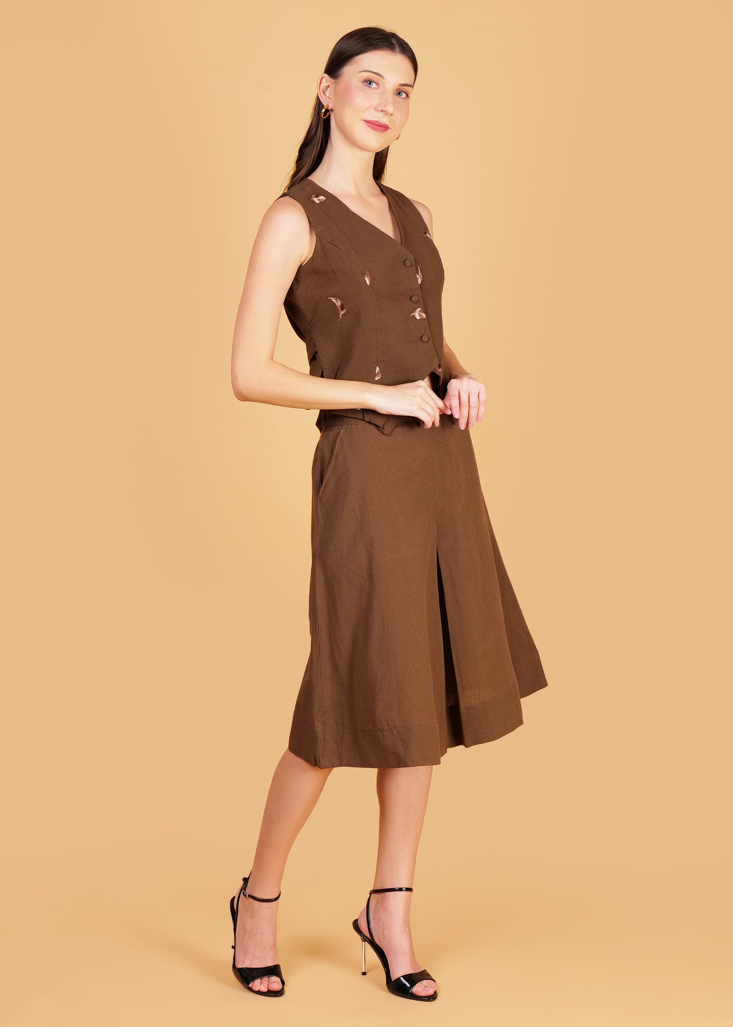 Brown Cotton Embroidered Waist Coat & Skirt Coord Set