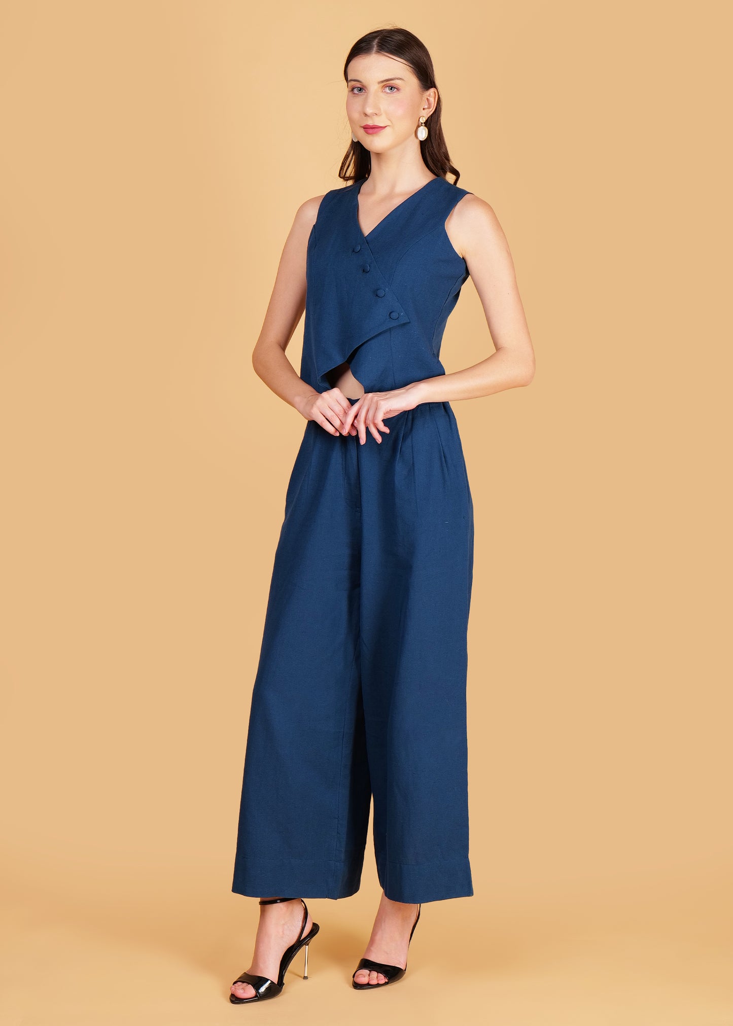 Blue Cotton Front Overlap Waist Coat & Pant Coord Set