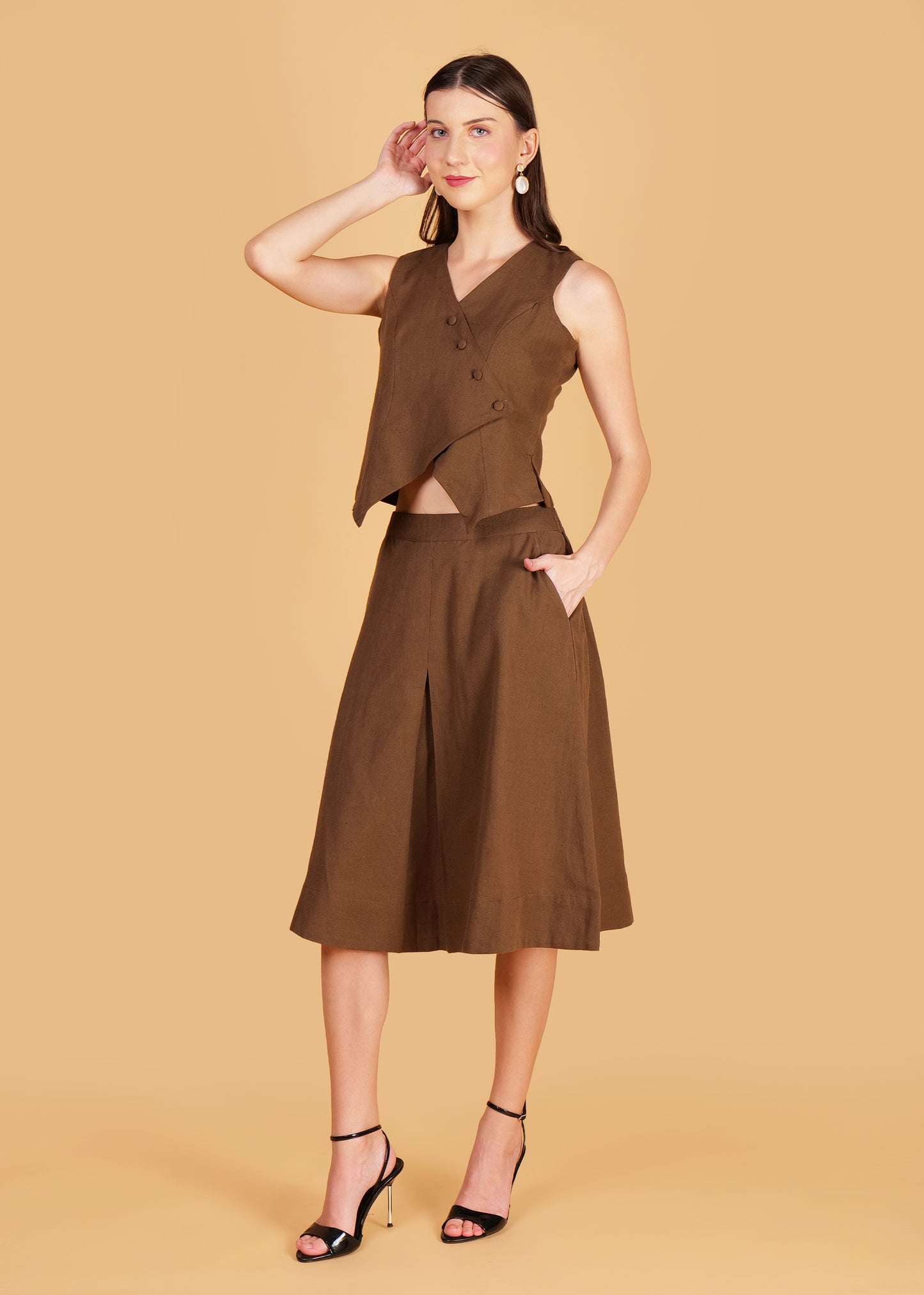 Brown Cotton Front Overlap Waist Coat & Skirt Coord Set