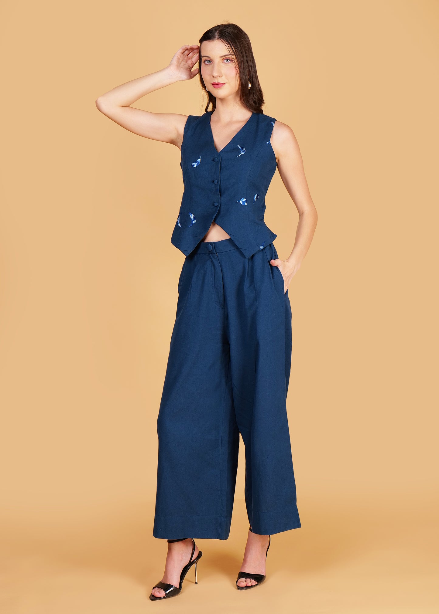 Blue Embroidered Cotton Waist Coat Coord Set