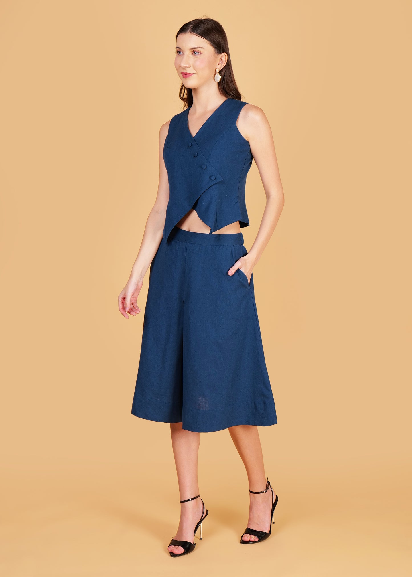 Blue Cotton Front Overlap Waist Coat & Skirt Coord Set