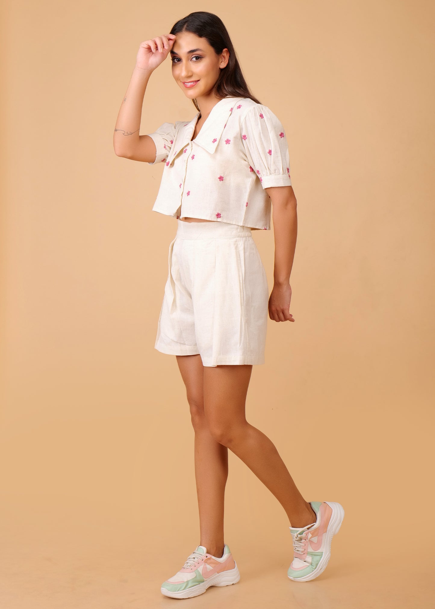 Off White Premium Embroidered Long Collar Coord Set