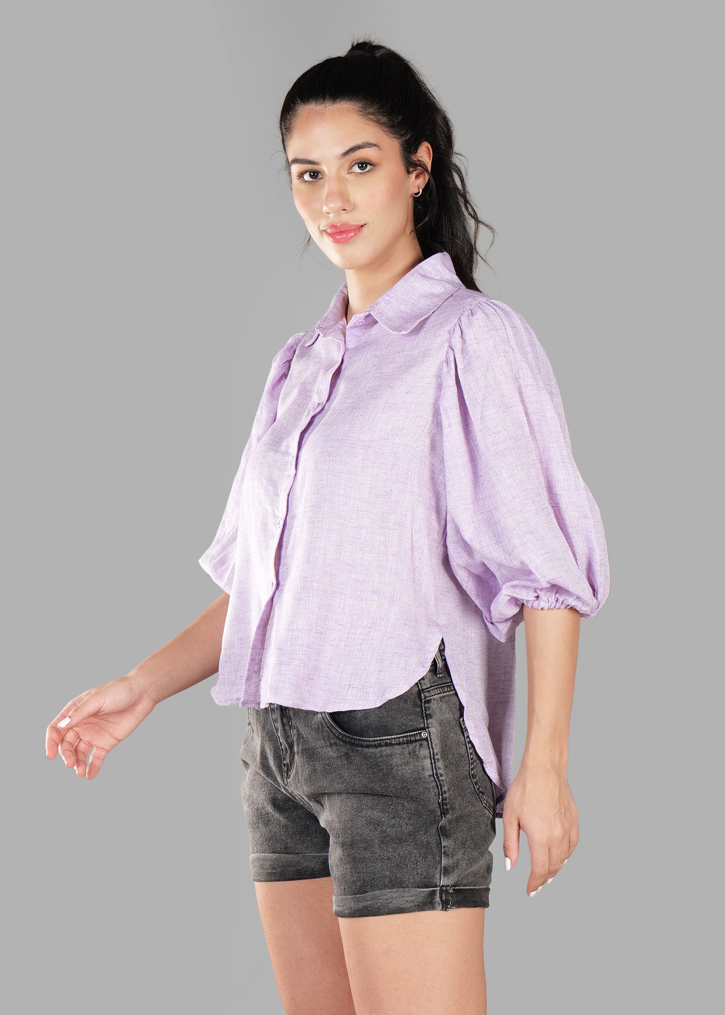 Purple Cotton Dobby Print Soft Curve Shirt