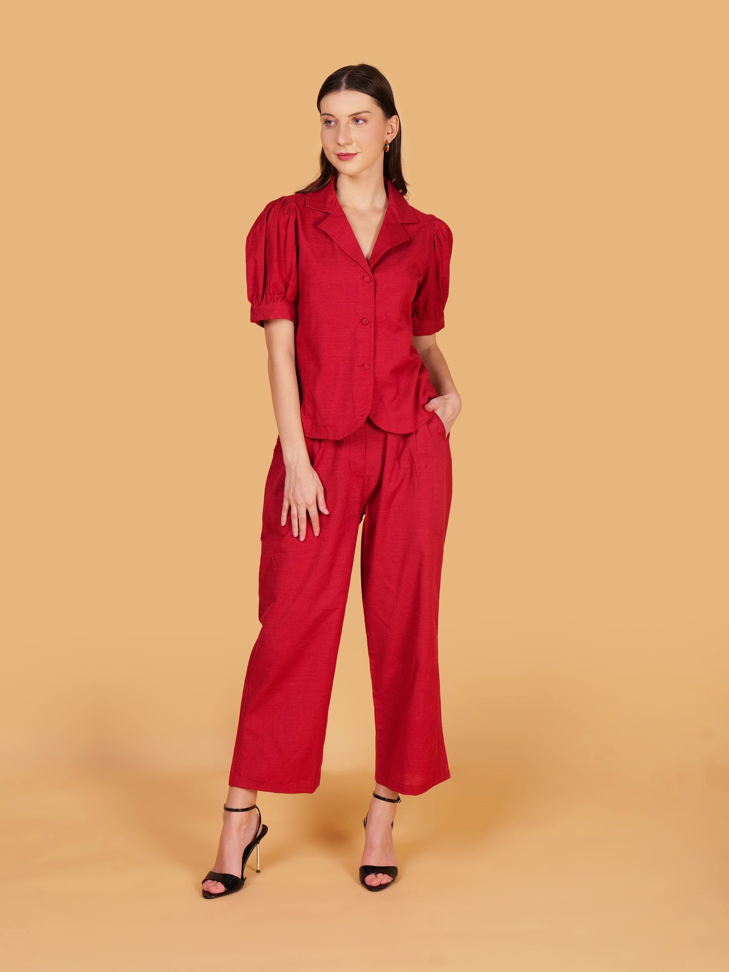 Crimson Red Pure Cotton Office Coord Set