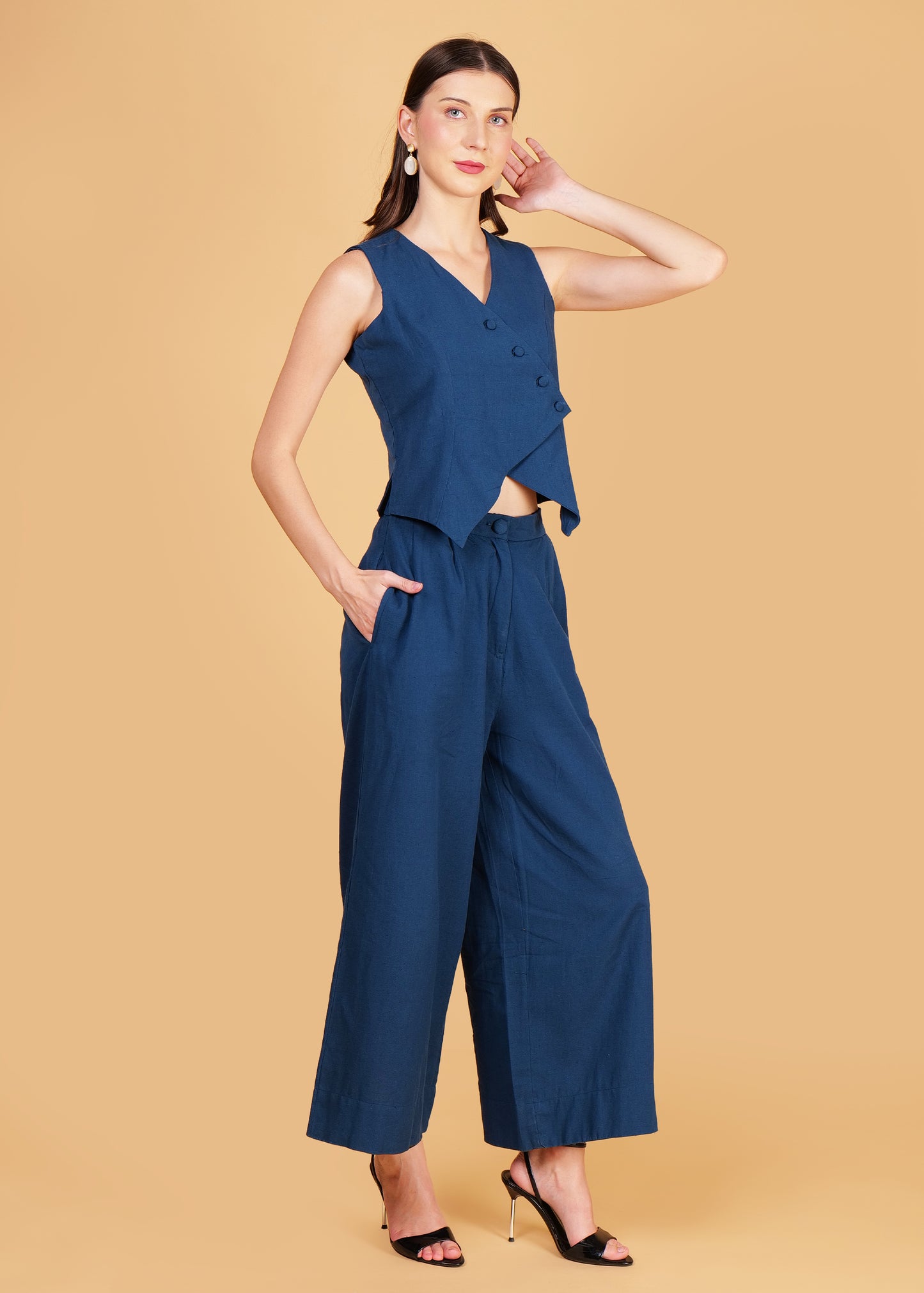 Blue Cotton Front Overlap Waist Coat & Pant Coord Set