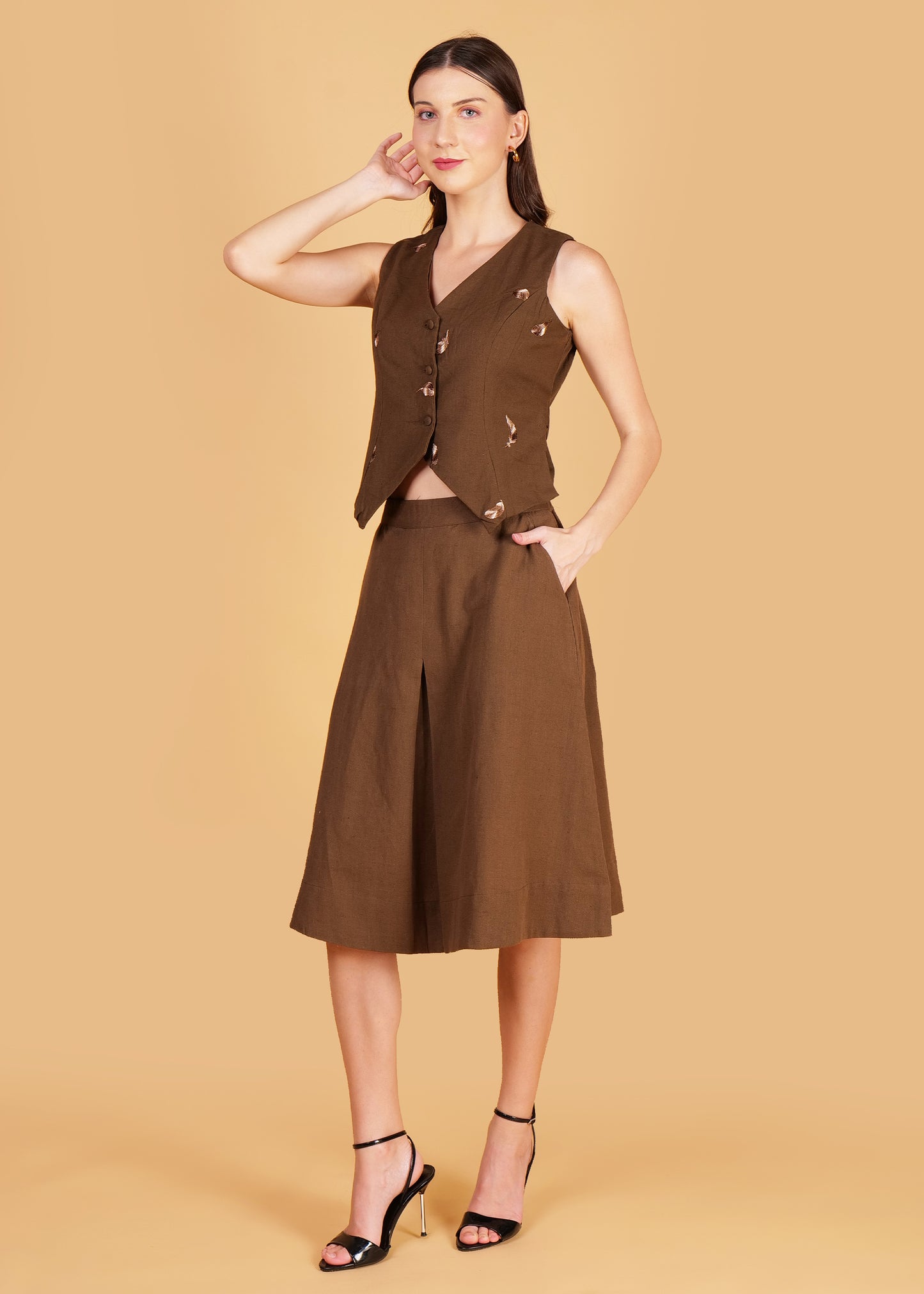 Brown Cotton Embroidered Waist Coat & Skirt Coord Set