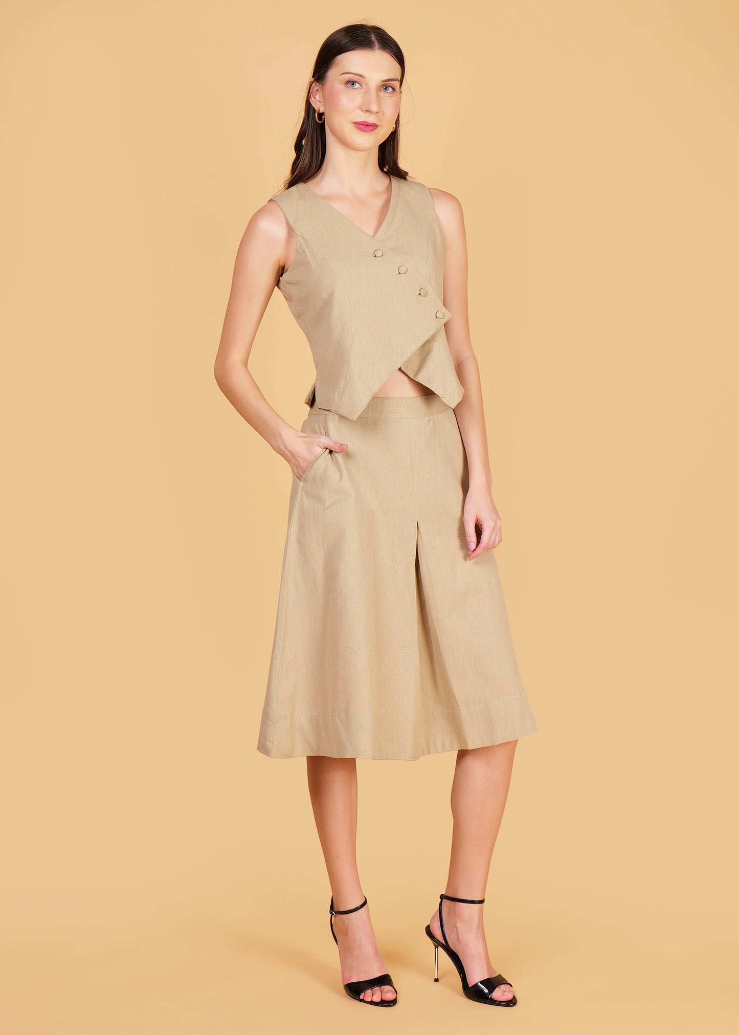 Beige Cotton Front Overlap Waist Coat & Skirt Coord Set