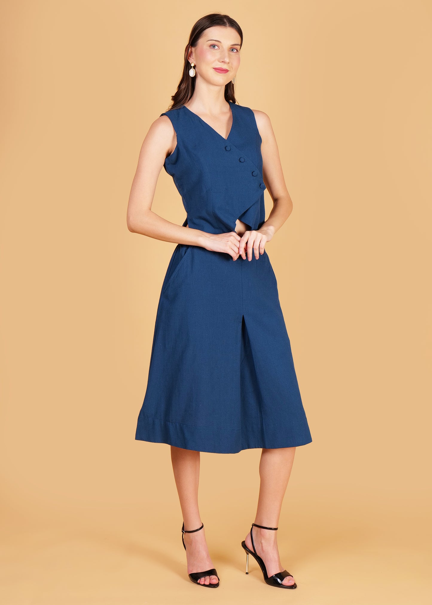 Blue Cotton Front Overlap Waist Coat & Skirt Coord Set