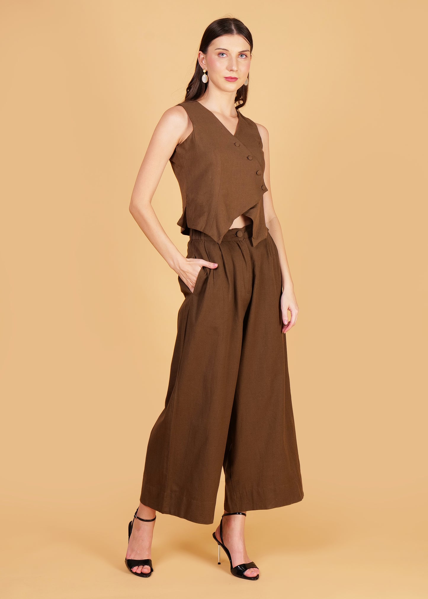 Brown Cotton Front Overlap Waist Coat & Pant Coord Set