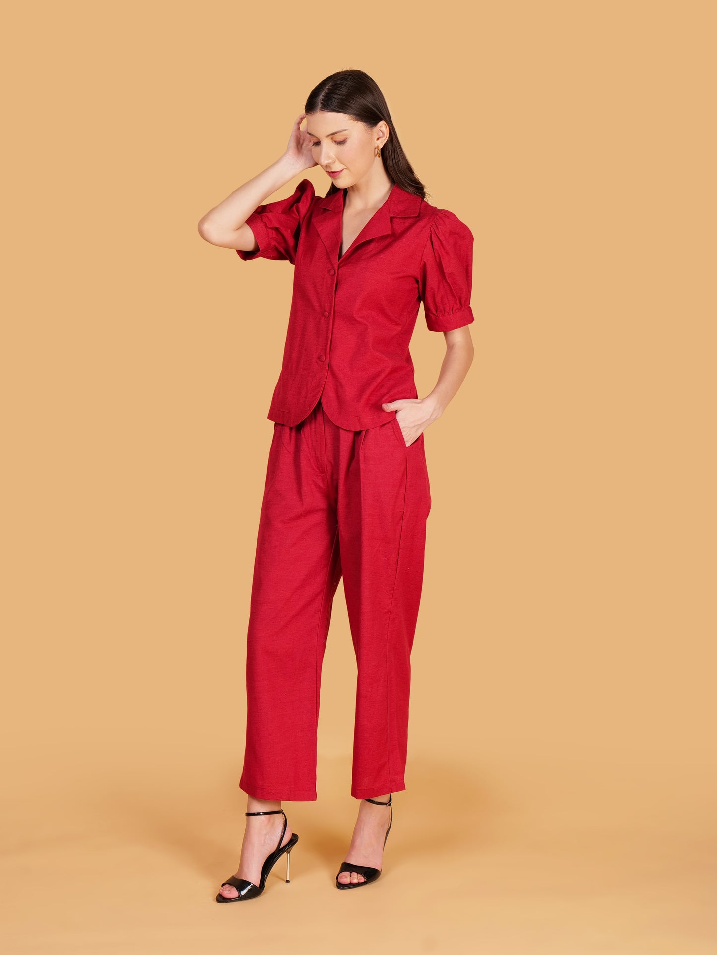 Crimson Red Pure Cotton Office Coord Set