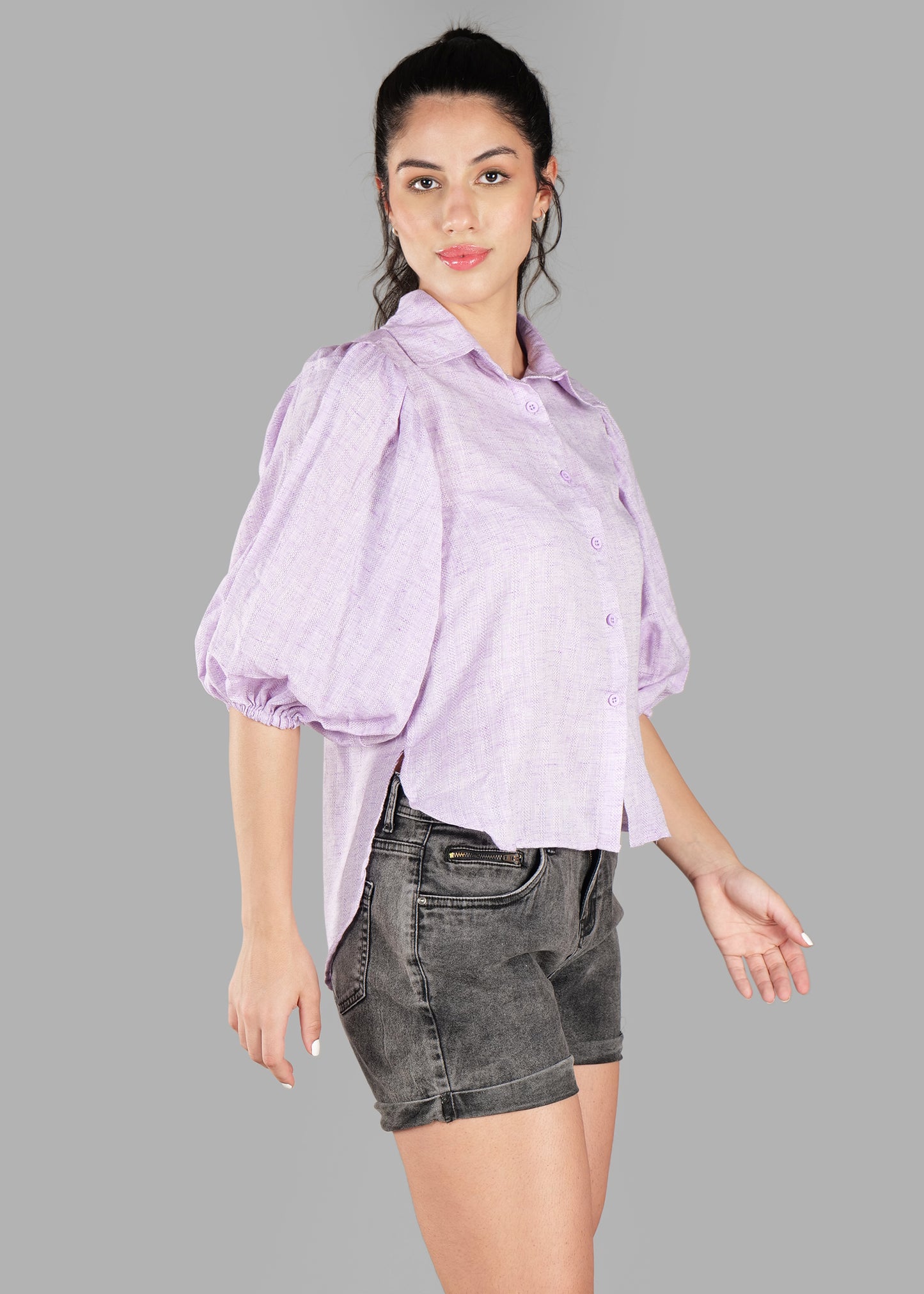 Purple Cotton Dobby Print Soft Curve Shirt