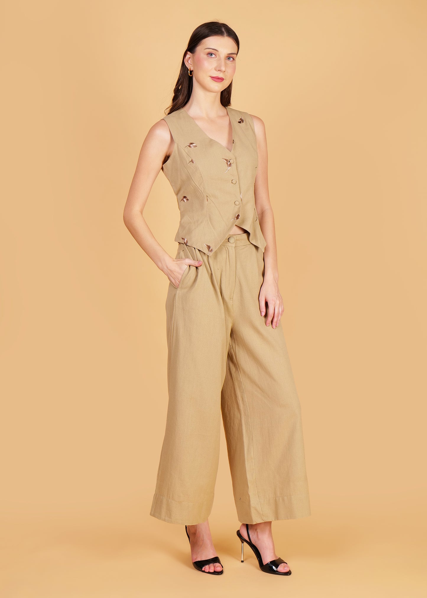 Beige Embroidered Cotton Waist Coat Coord Set