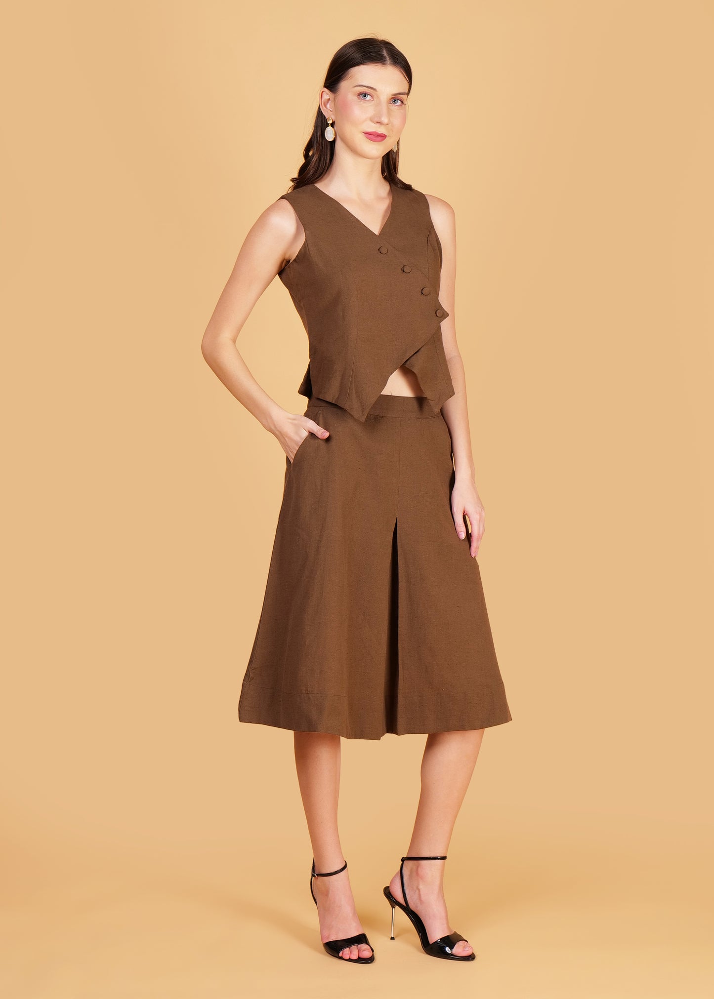 Brown Cotton Front Overlap Waist Coat & Skirt Coord Set