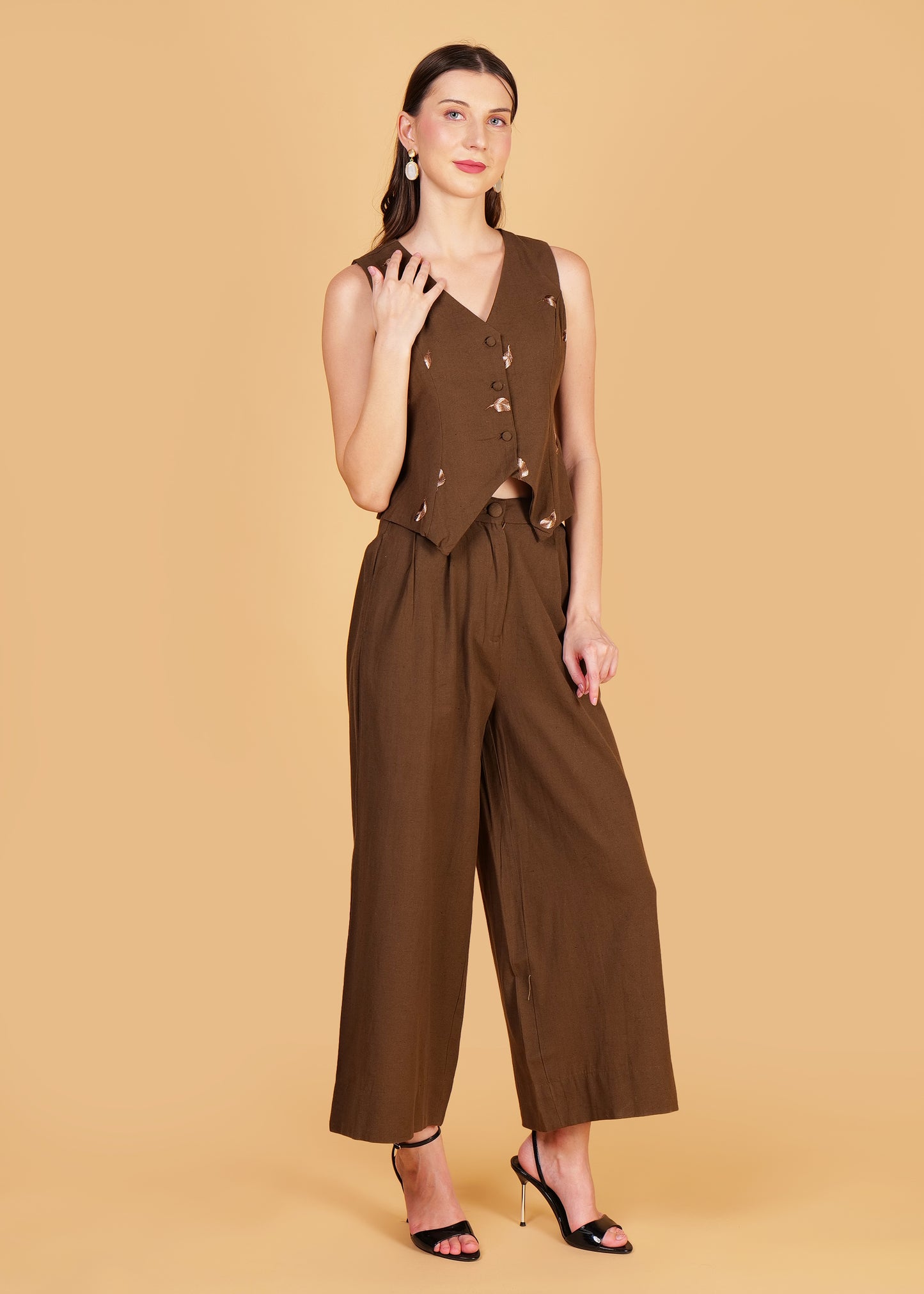 Brown Embroidered Cotton Waist Coat Coord Set