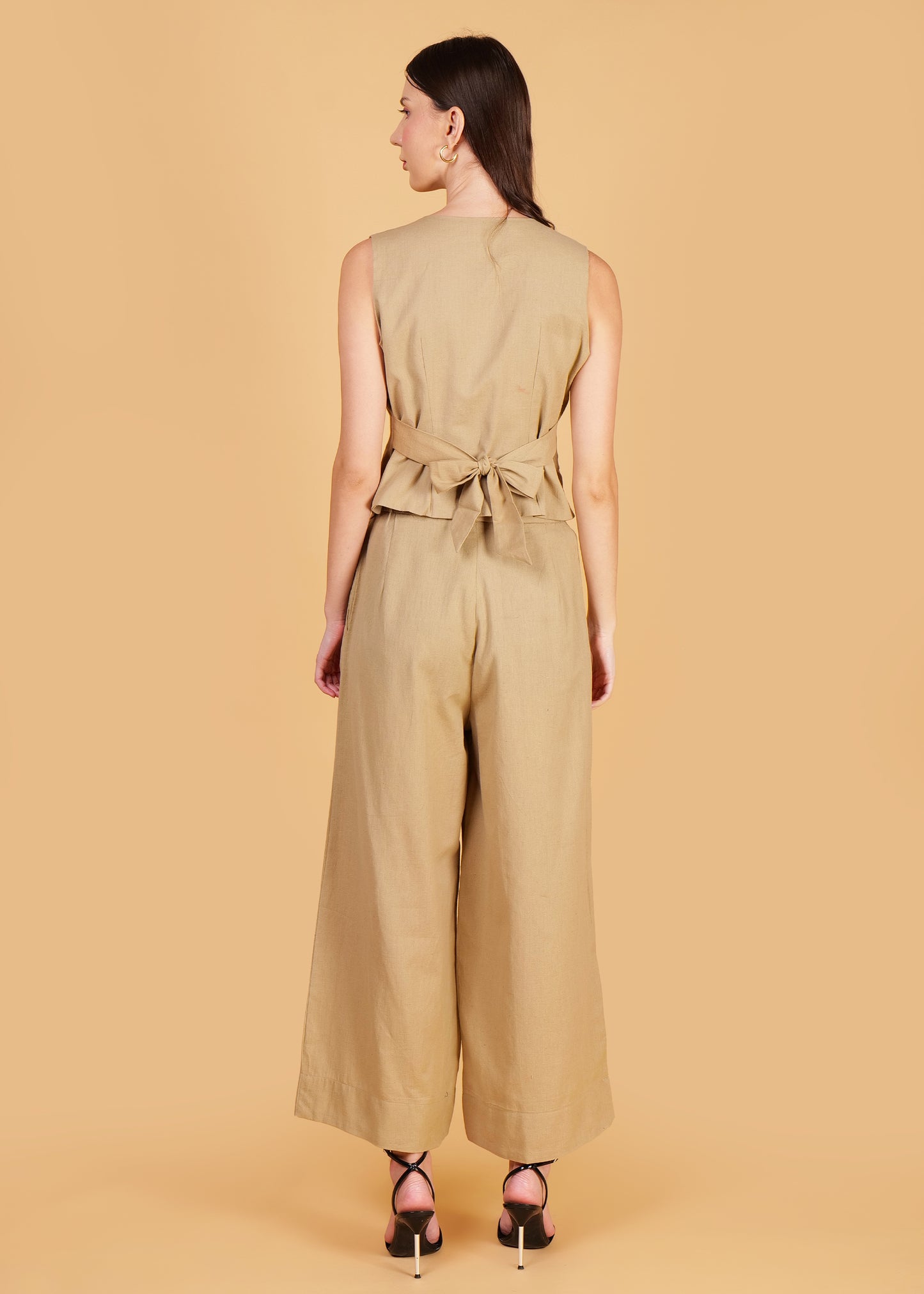 Beige Embroidered Cotton Waist Coat Coord Set