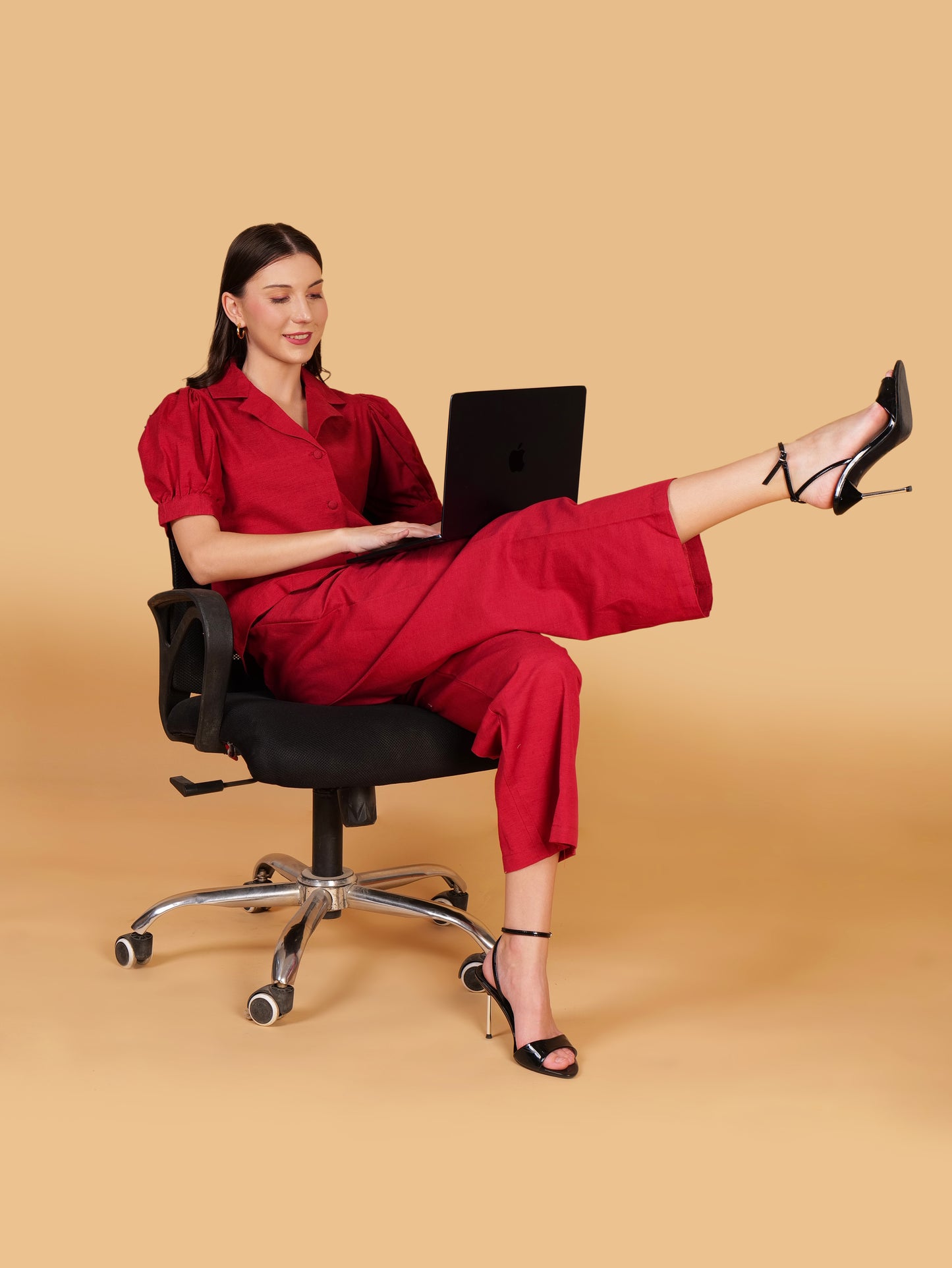 Crimson Red Pure Cotton Office Coord Set