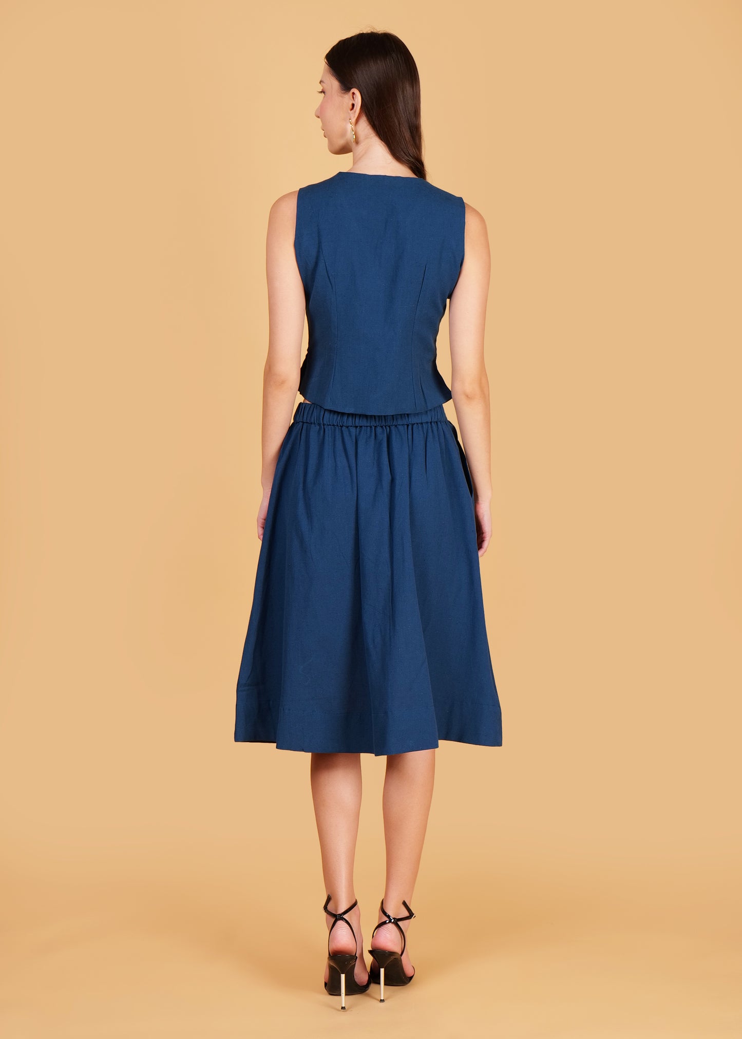 Blue Cotton Front Overlap Waist Coat & Skirt Coord Set