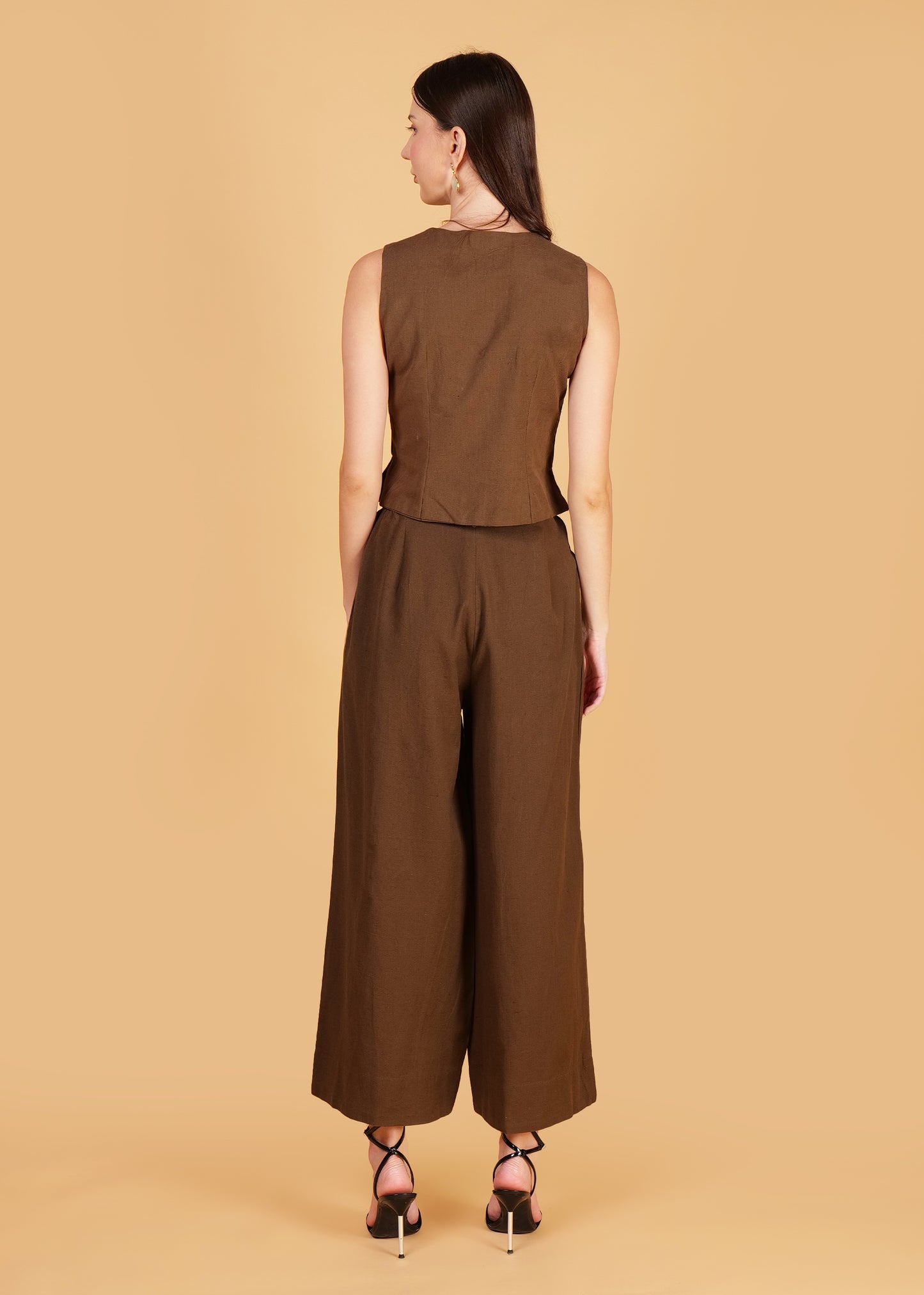 Brown Cotton Front Overlap Waist Coat & Pant Coord Set