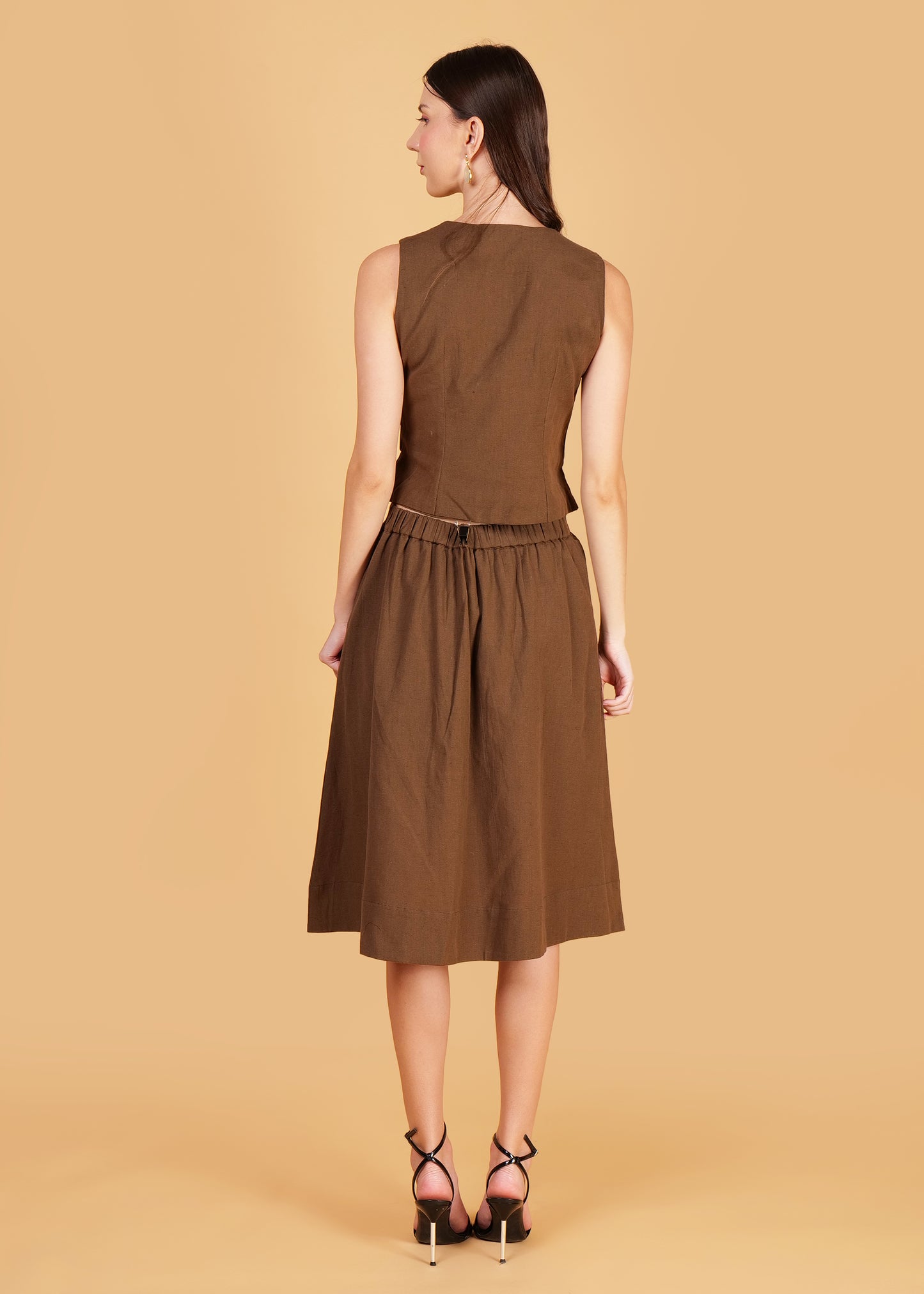 Brown Cotton Front Overlap Waist Coat & Skirt Coord Set