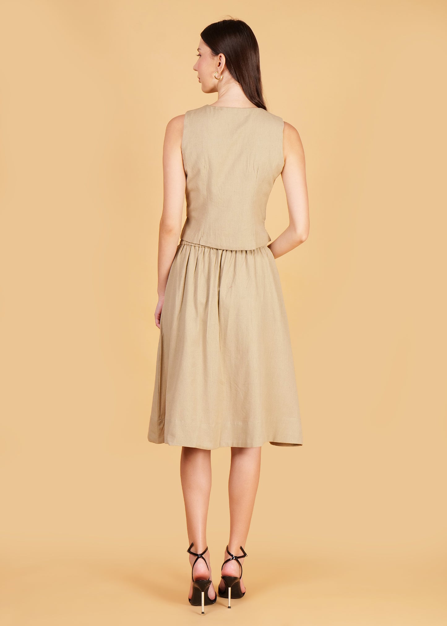 Beige Cotton Front Overlap Waist Coat & Skirt Coord Set