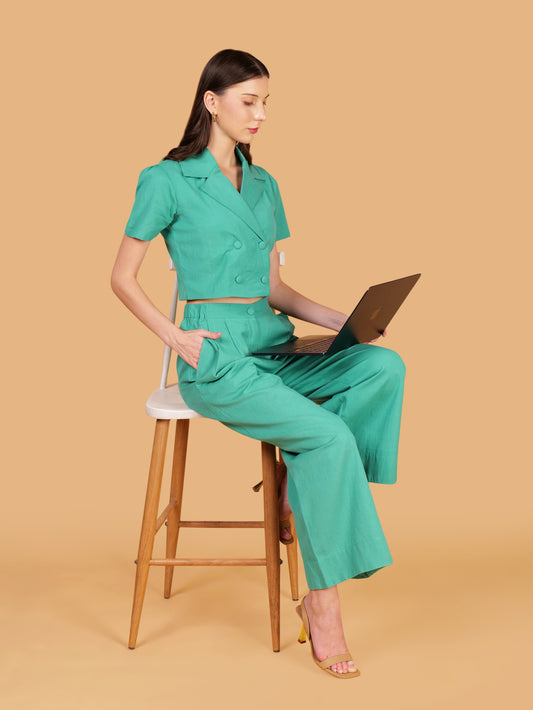 Aqua Blue Cotton Double Breasted Notched Lapel Crop Top Coord Set