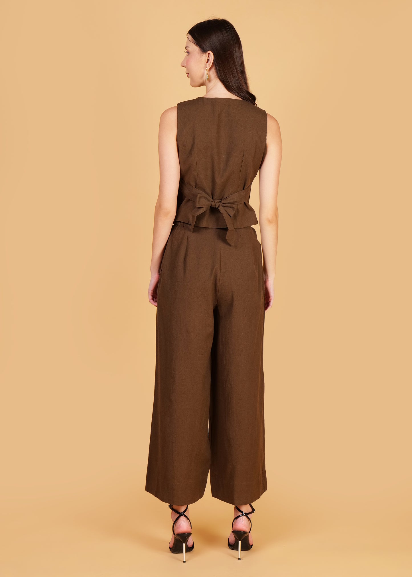 Brown Embroidered Cotton Waist Coat Coord Set