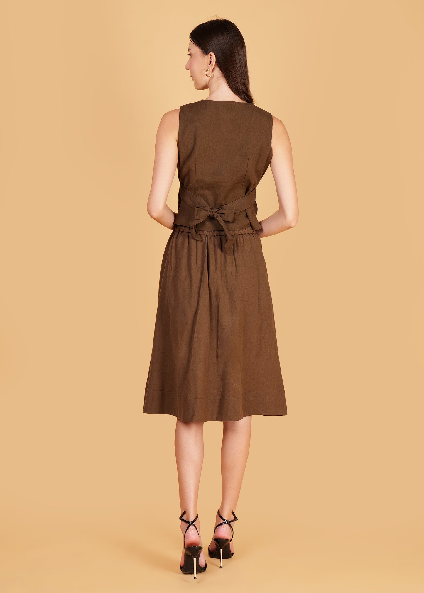Brown Cotton Embroidered Waist Coat & Skirt Coord Set