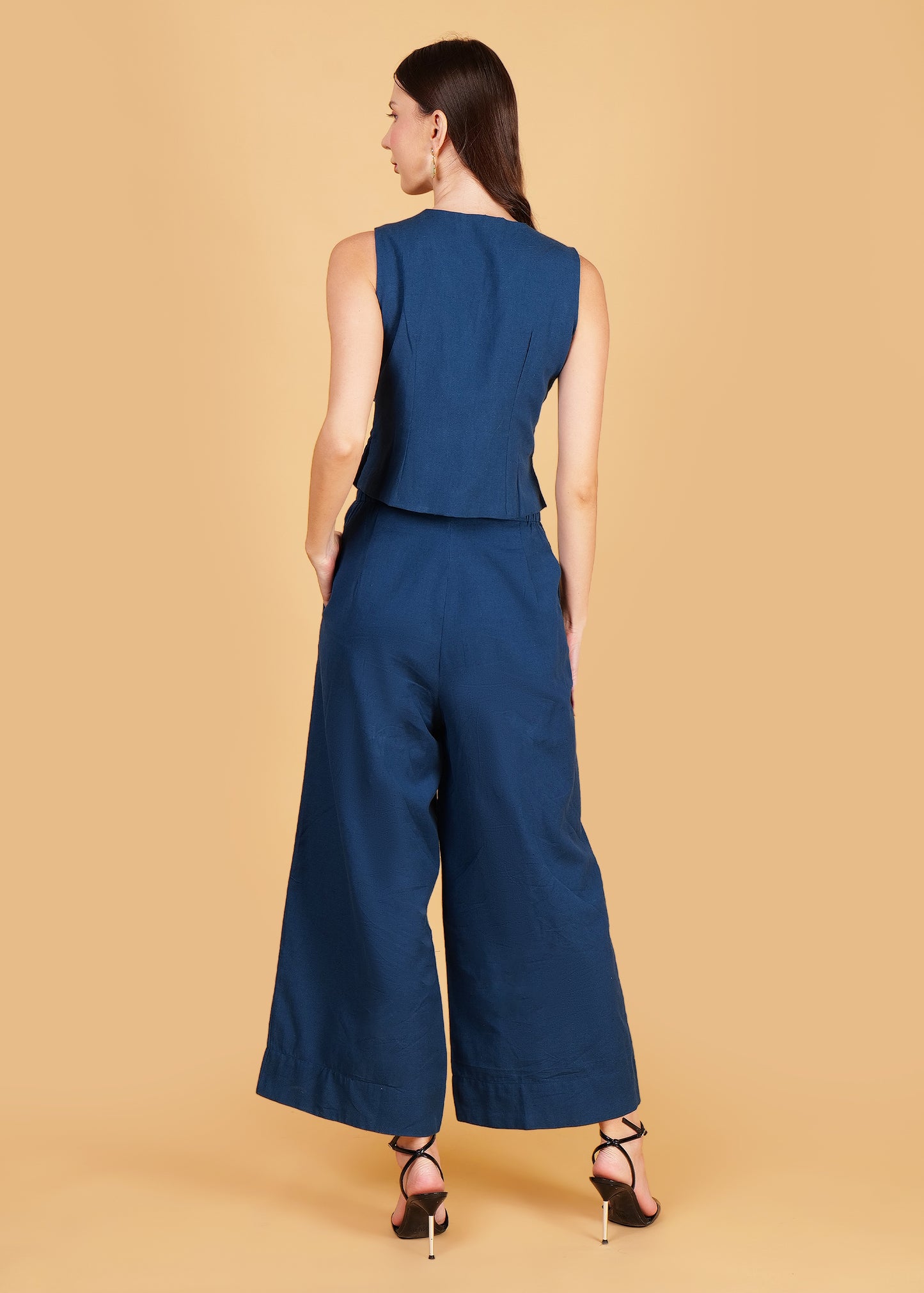 Blue Cotton Front Overlap Waist Coat & Pant Coord Set
