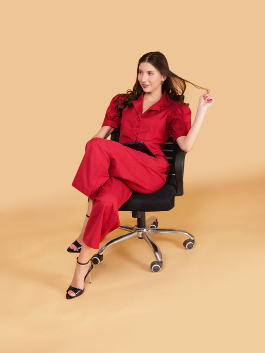 Crimson Red Pure Cotton Office Coord Set