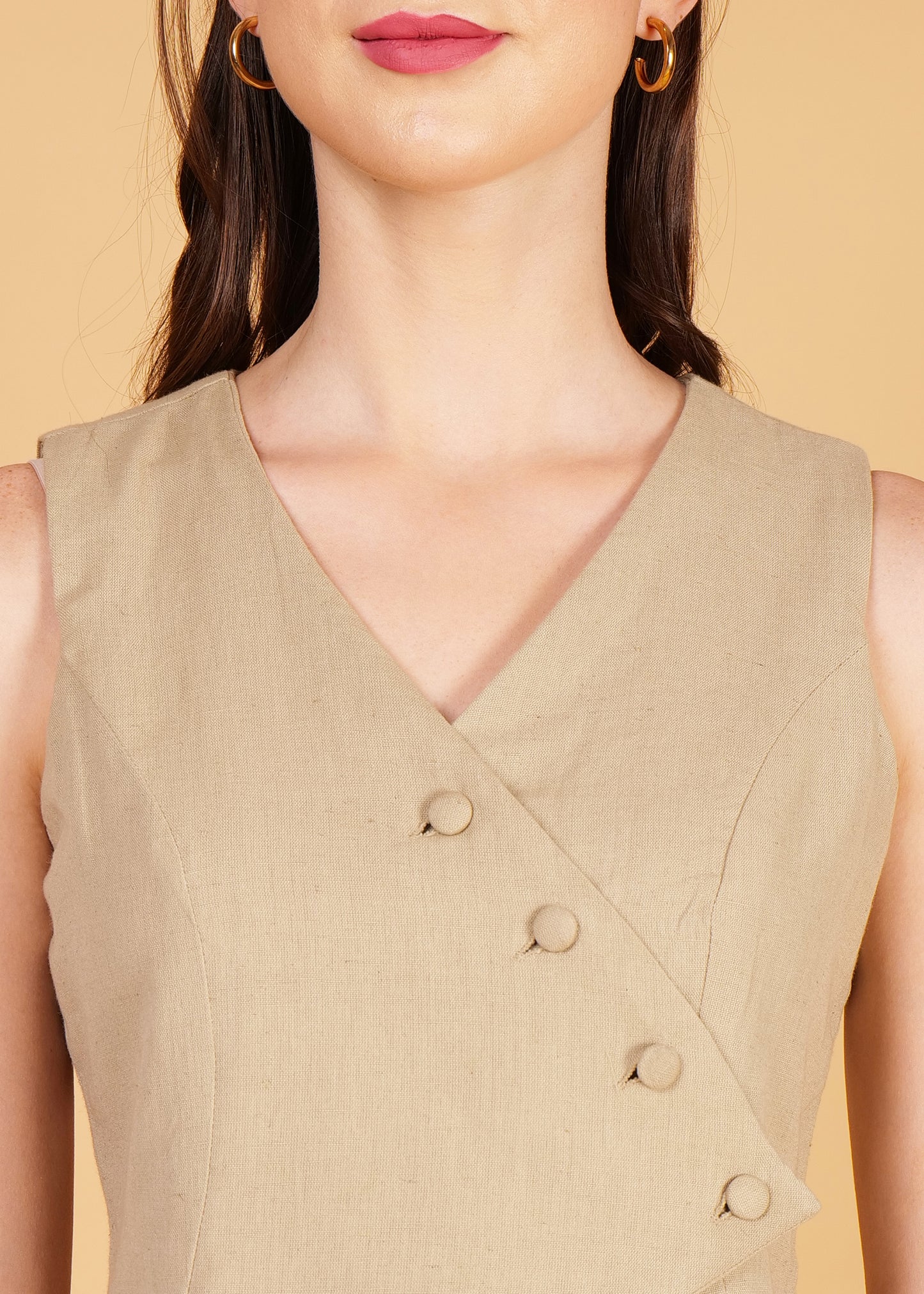 Beige Cotton Front Overlap Waist Coat & Skirt Coord Set