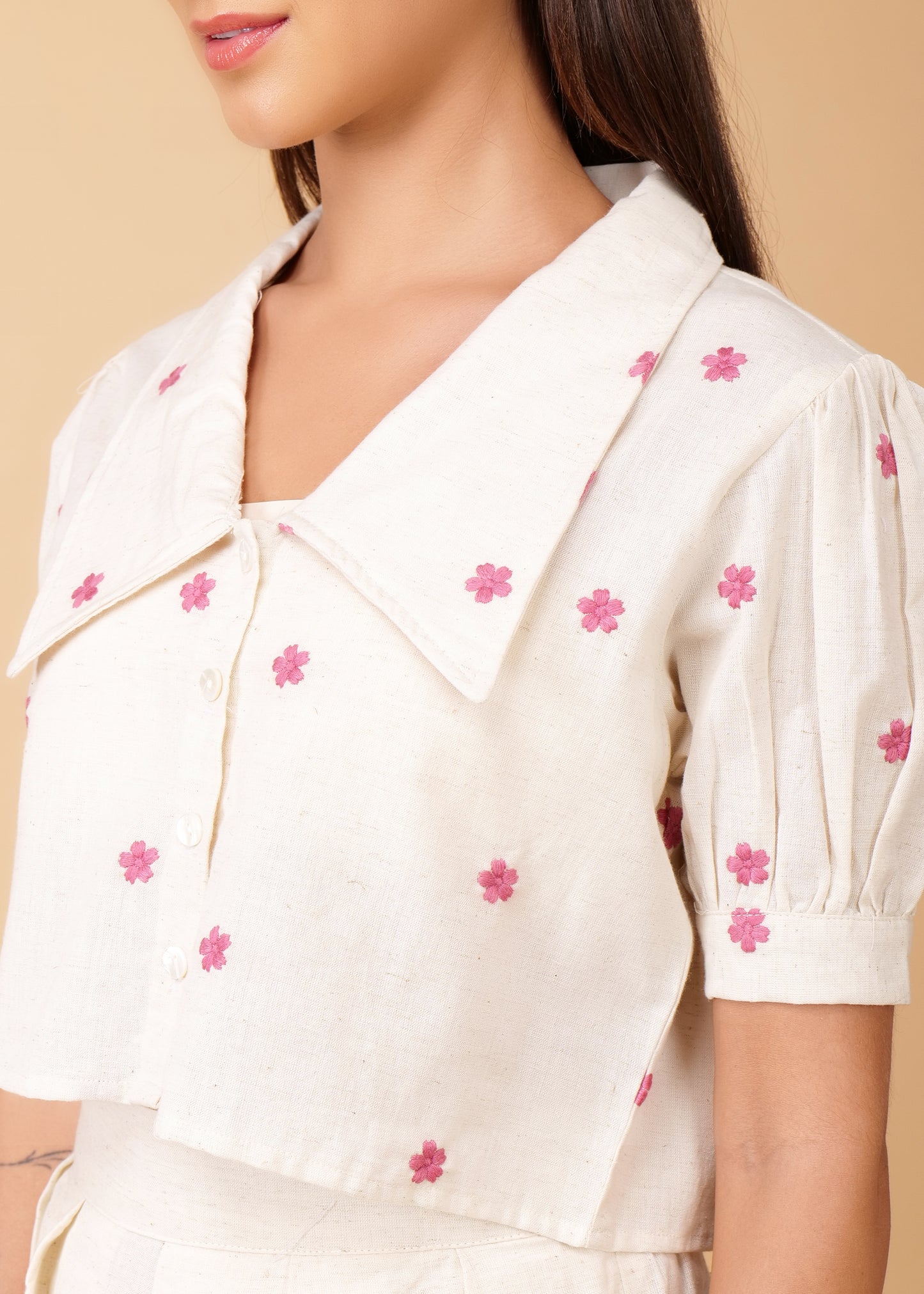 Off White Premium Embroidered Long Collar Coord Set