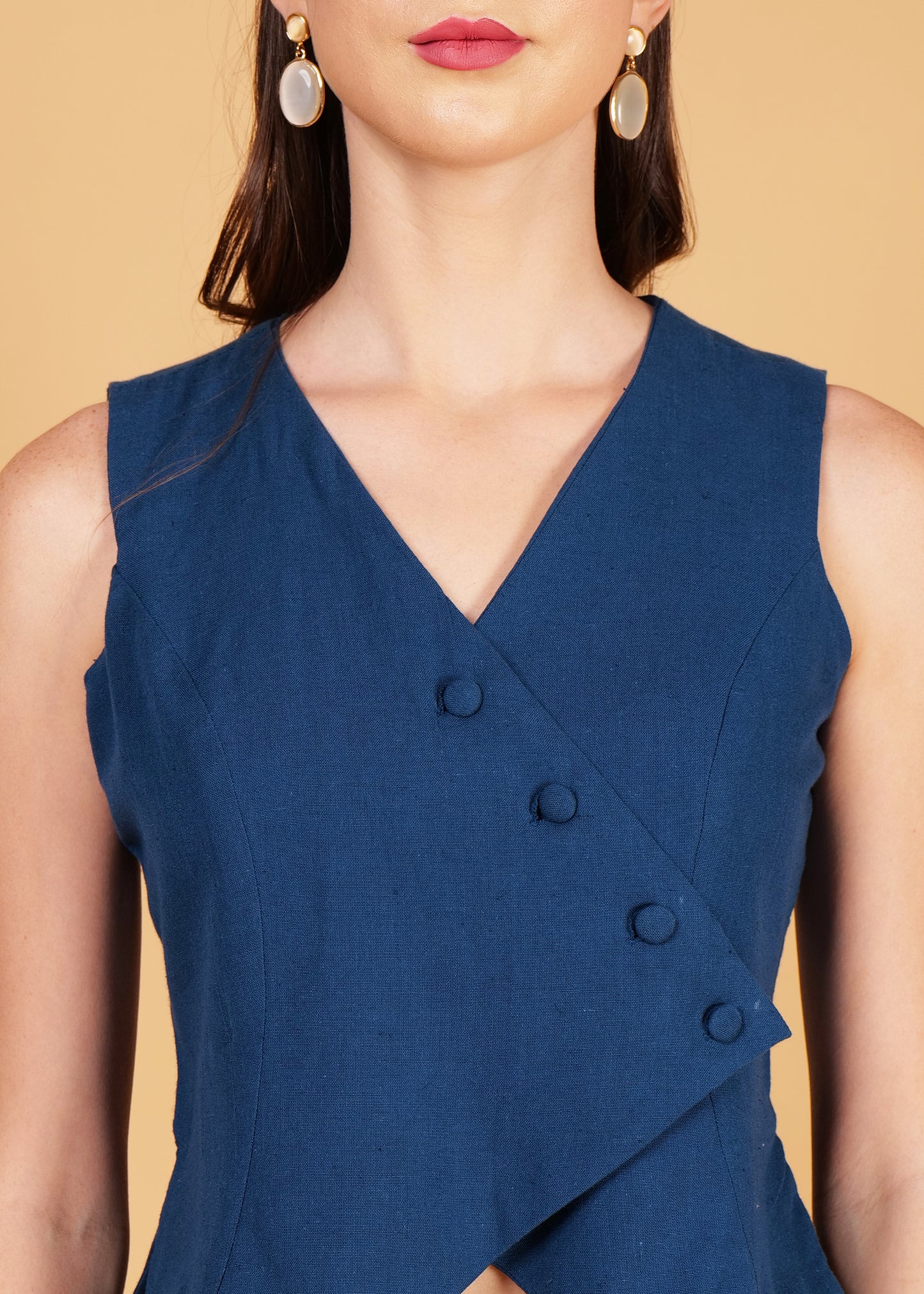 Blue Cotton Front Overlap Waist Coat & Skirt Coord Set