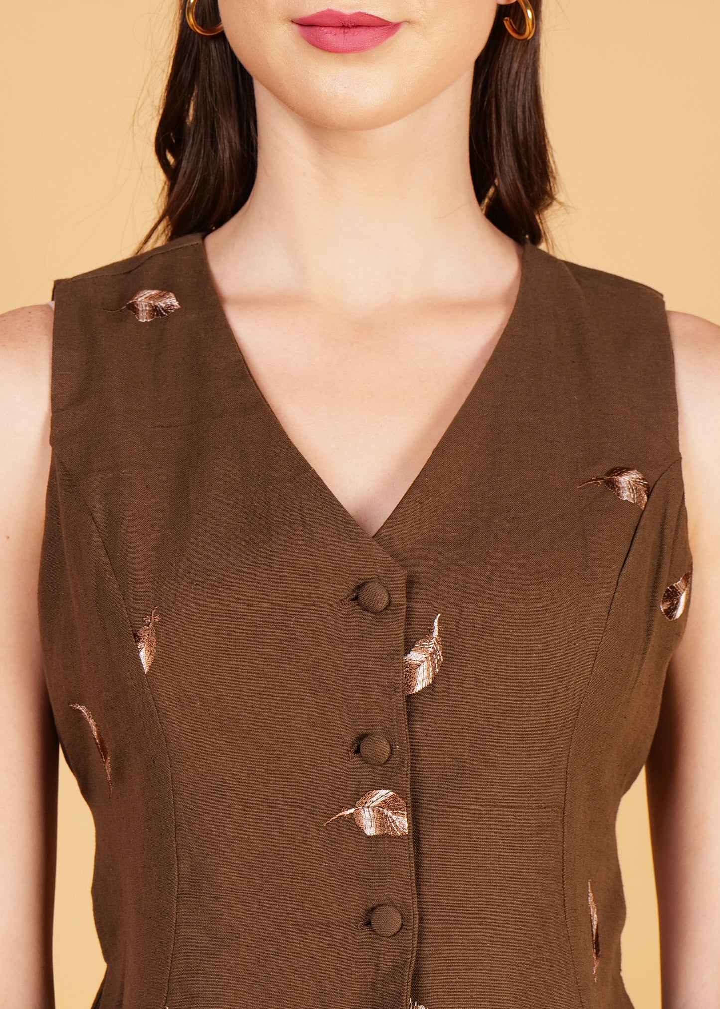 Brown Cotton Embroidered Waist Coat & Skirt Coord Set