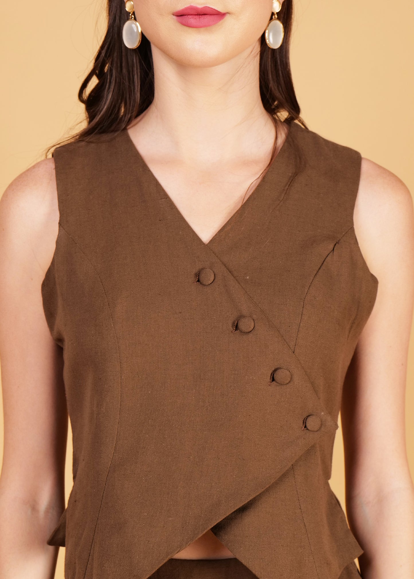 Brown Cotton Front Overlap Waist Coat & Skirt Coord Set