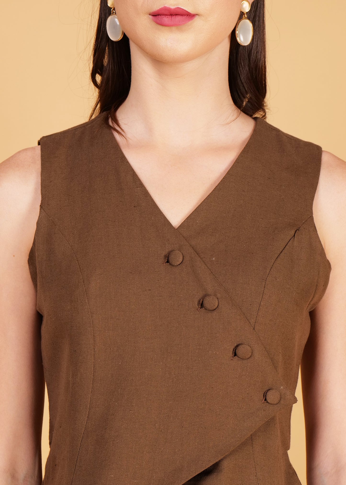 Brown Cotton Front Overlap Waist Coat & Pant Coord Set